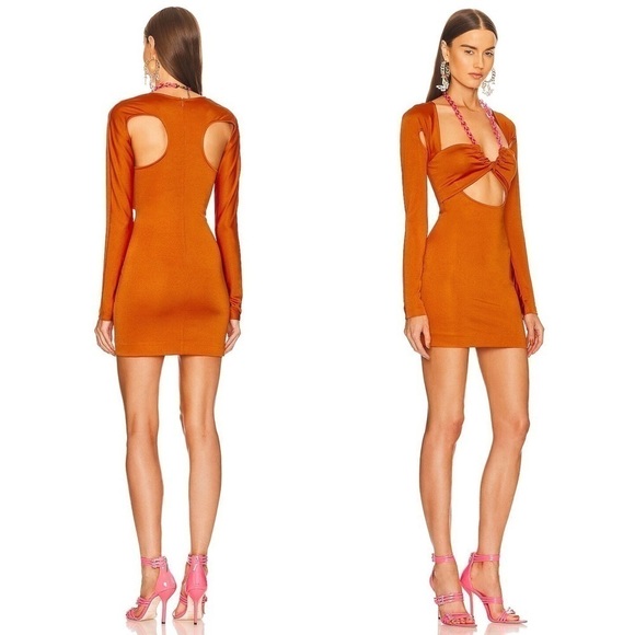 DUNDAS REVOLVE Chain Halter Sweetheart Neck Long Sleeve Cutout Bodycon Dress L - Picture 2 of 10